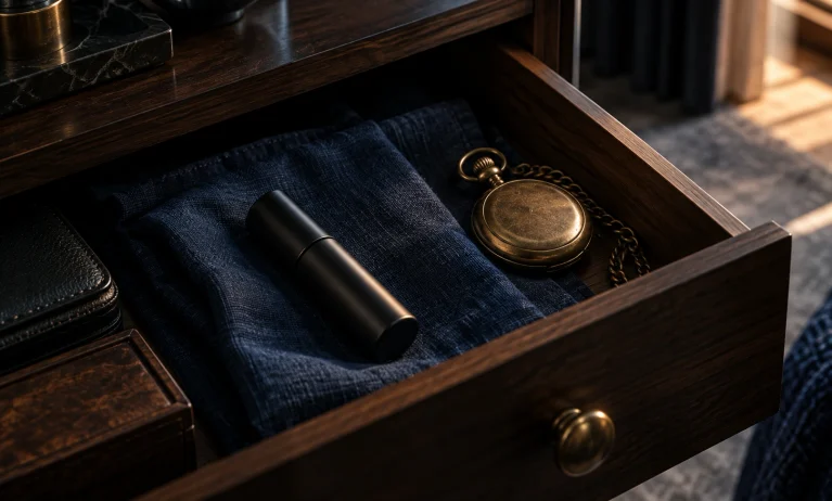 A protected drawer with a pocket watch, cedarwood, and midnight-blue fabric symbolizing proper fragrance storage and Bleu de Chanel shelf life.