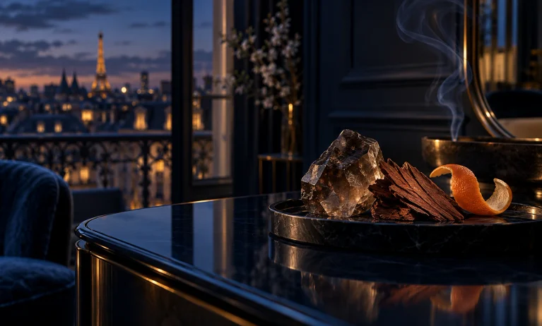 Elegant midnight-blue setting with cedarwood, grapefruit peel, smoky quartz, and incense smoke representing Bleu de Chanel’s luxurious woody scent profile.