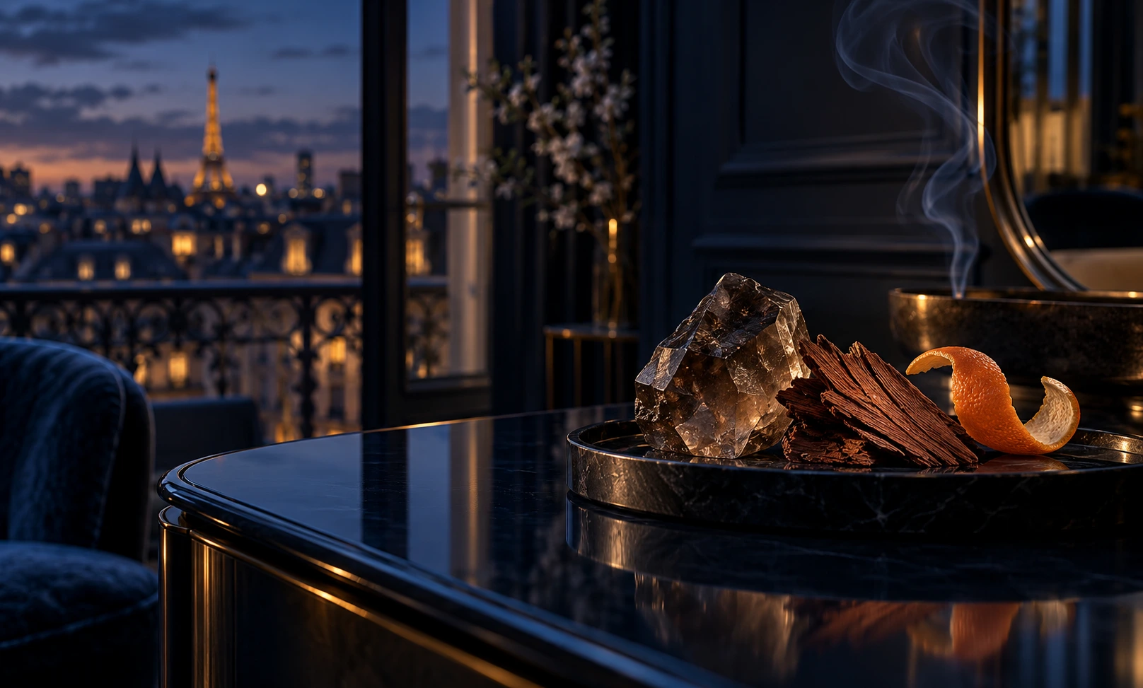 Elegant midnight-blue setting with cedarwood, grapefruit peel, smoky quartz, and incense smoke representing Bleu de Chanel’s luxurious woody scent profile.