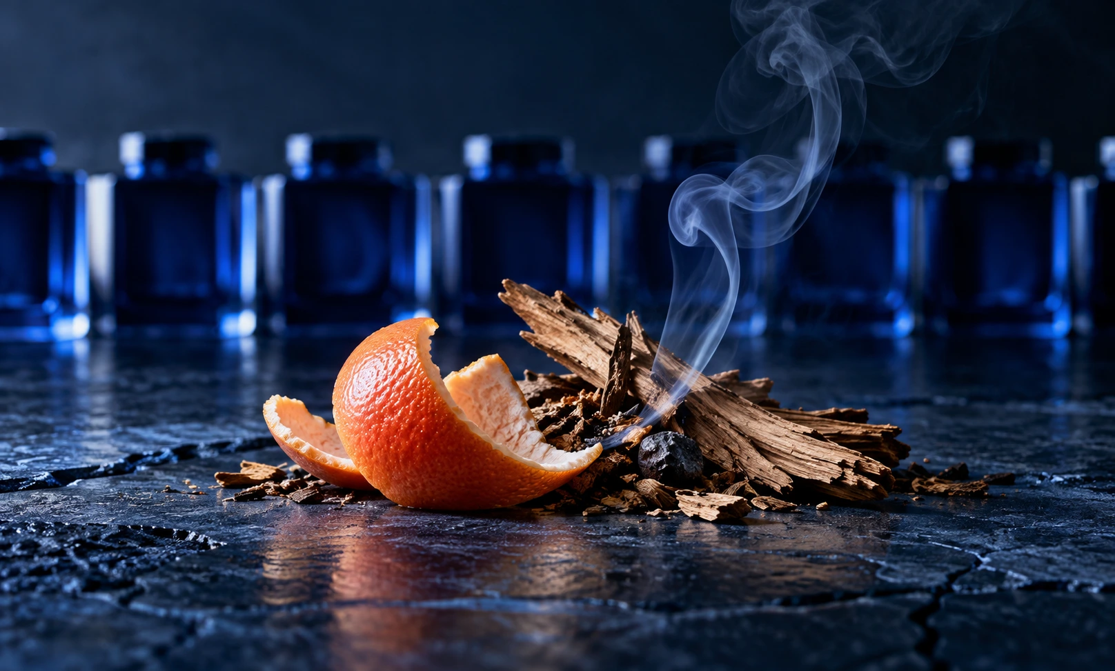 Grapefruit peel, cedar wood, dark mineral notes, and incense smoke representing Bleu de Chanel’s familiar yet refined blue fragrance character