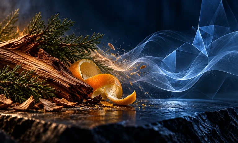 Natural cedar and citrus peel blending with cool blue abstract vapor to represent Bleu de Chanel’s natural and synthetic scent contrast