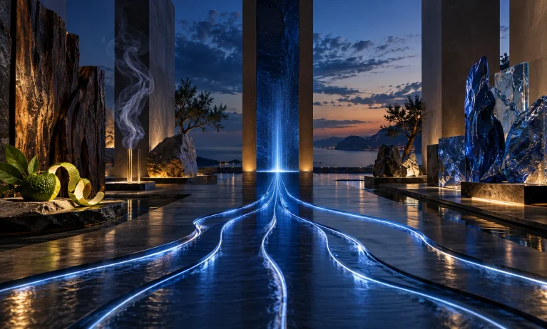 Modern blue light pathways, dark wood, citrus, incense smoke, and blue glass representing Bleu de Chanel’s influence on contemporary blue fragrances.
