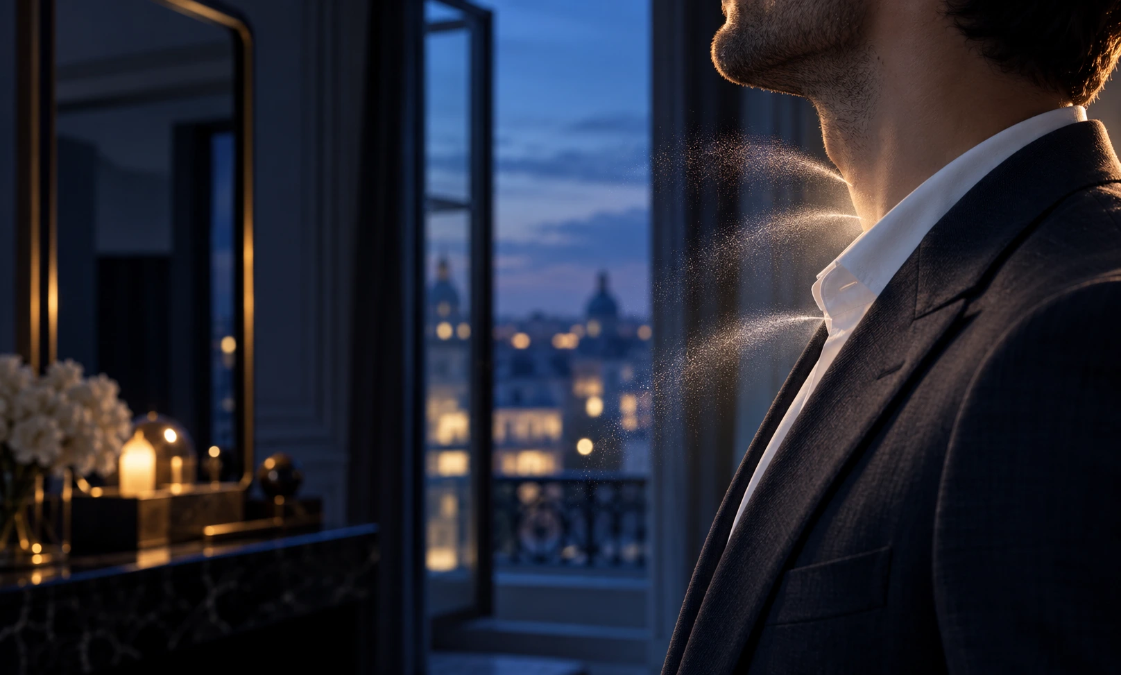 Man applying a controlled amount of Bleu de Chanel fragrance to his neck before an evening occasion.