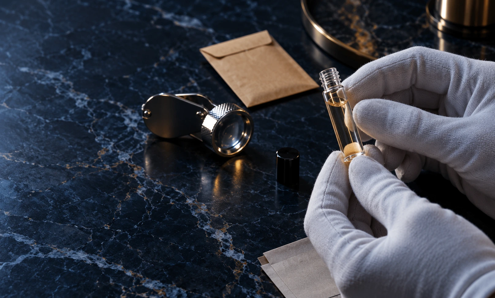 Close-up inspection of an unbranded fragrance sample vial to verify Bleu de Chanel sample authenticity