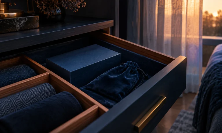 Elegant dark drawer with a protected blue presentation box and velvet pouch, representing proper Bleu de Chanel fragrance storage away from heat and sunlight.
