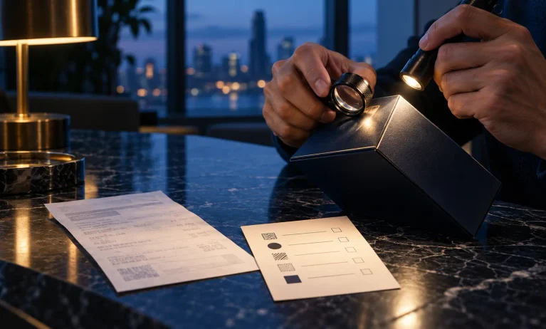Close-up of a person inspecting luxury fragrance packaging with a magnifying glass to identify a real or fake Bleu de Chanel.