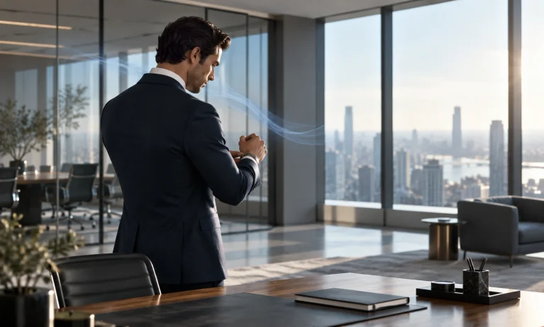 Well-dressed professional preparing for work in a modern office, representing Bleu de Chanel as a refined office fragrance.