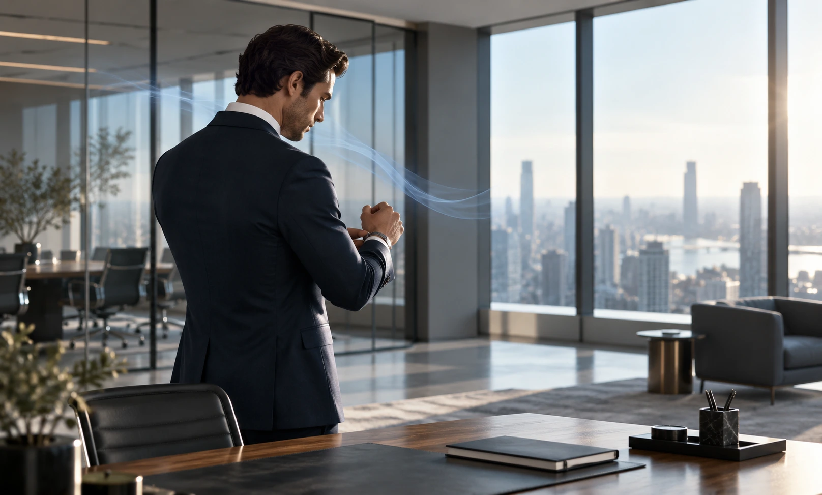 Well-dressed professional preparing for work in a modern office, representing Bleu de Chanel as a refined office fragrance.