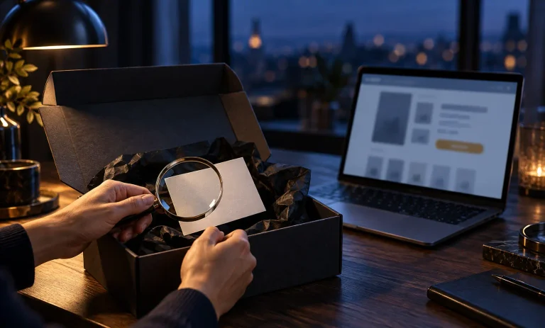 Online shopper verifying a luxury fragrance purchase with a magnifying glass before buying Bleu de Chanel from Amazon