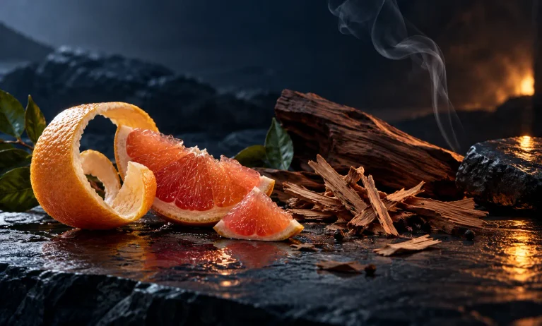 Fresh grapefruit, cedar wood, and soft incense smoke representing the fresh woody scent profile of Bleu de Chanel