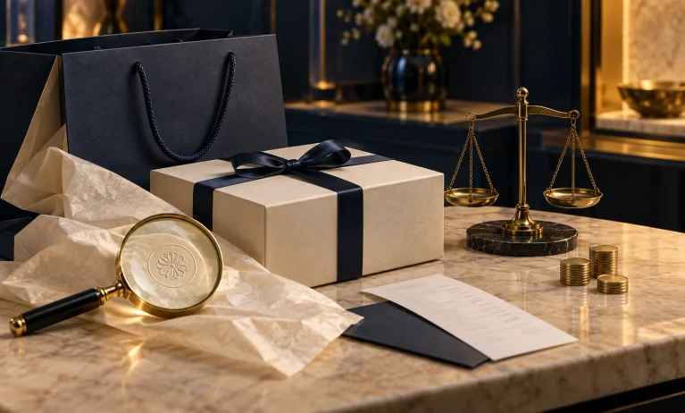 Luxury gift box, authenticity seal, magnifying glass, and balance scale representing how to buy authentic Bleu de Chanel at a fair price