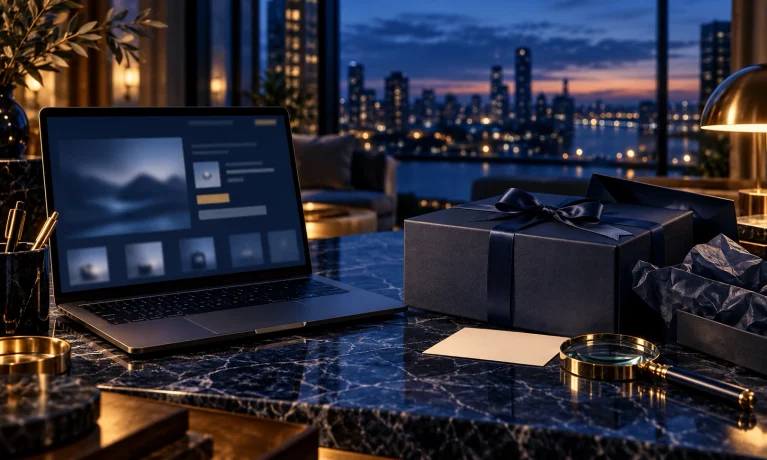 Luxury online fragrance shopping scene with a secure gift box, laptop, and authenticity-checking magnifying glass for buying Bleu de Chanel online.