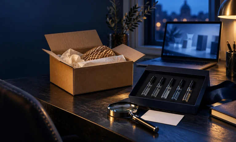 Bleu de Chanel fragrance samples in secure online order packaging with a verification magnifying glass