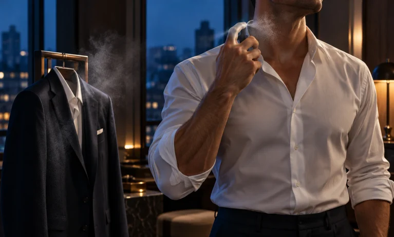 Man applying fragrance to his neck beside a tailored jacket, illustrating where to spray Bleu de Chanel on skin versus clothes.
