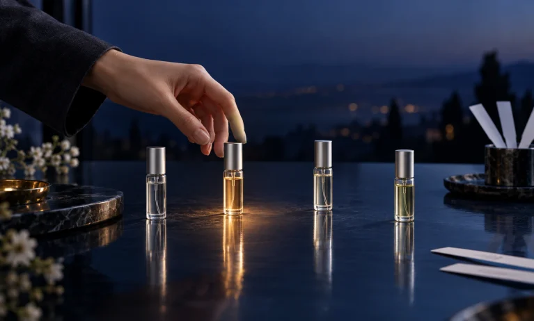 Four fragrance sample vials arranged for choosing which Bleu de Chanel version to sample first