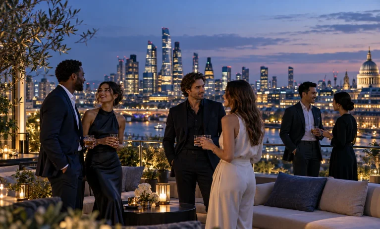 Elegant rooftop gathering at blue hour representing the refined, versatile appeal behind Bleu de Chanel’s worldwide popularity