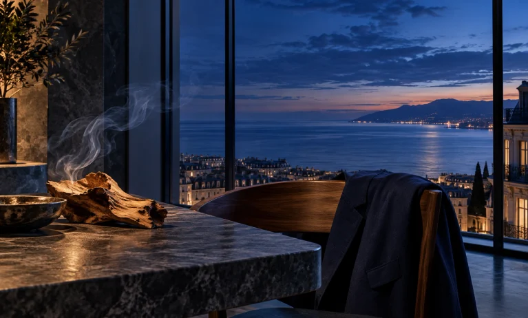 Midnight-blue coastal interior with cedar wood and soft smoke, reflecting the fresh, woody, and refined identity behind Bleu de Chanel.