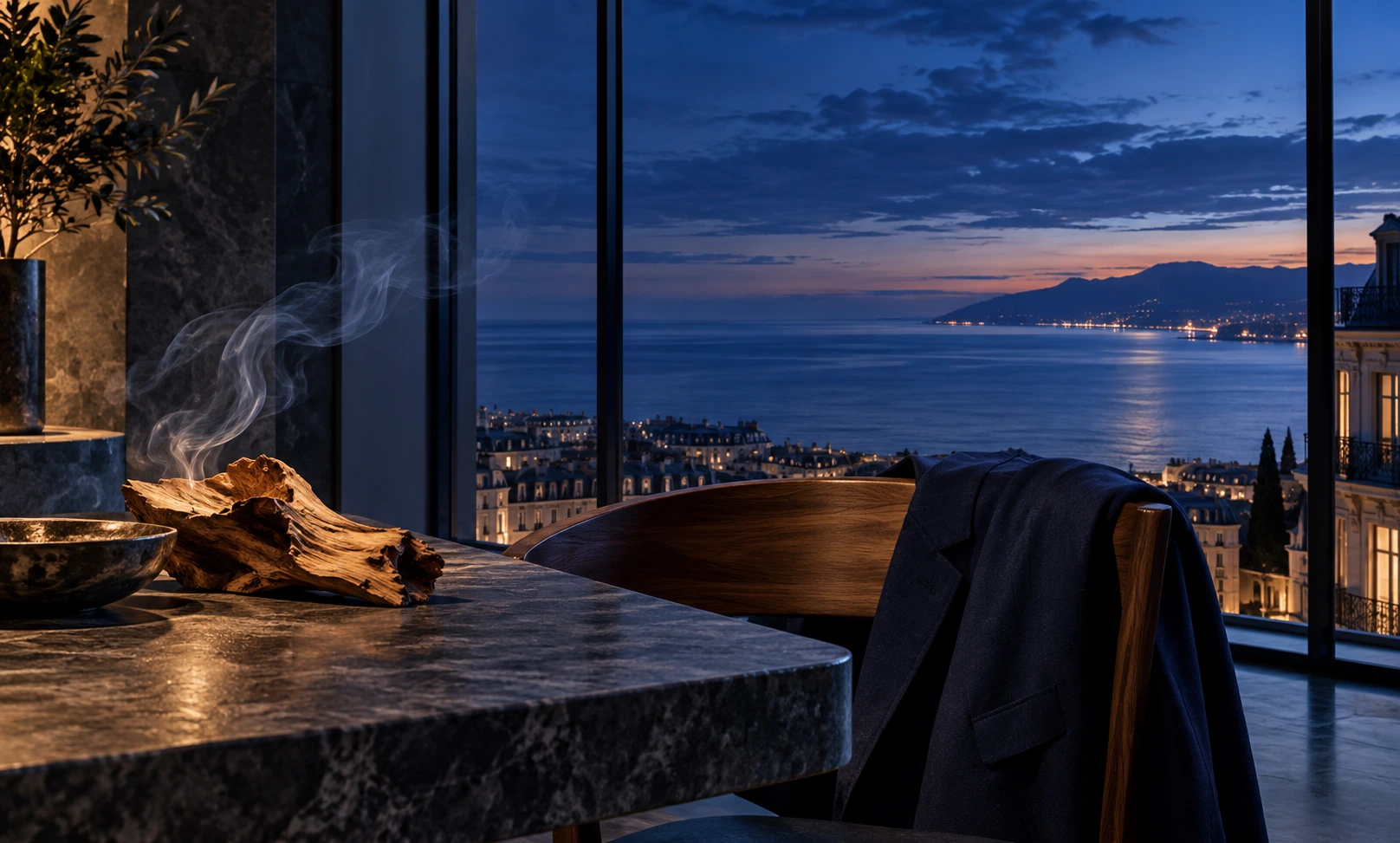 Midnight-blue coastal interior with cedar wood and soft smoke, reflecting the fresh, woody, and refined identity behind Bleu de Chanel.