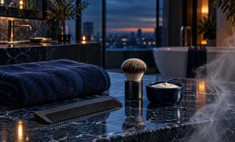 Elegant Bleu de Chanel-inspired grooming routine with navy towel, shaving brush, moisturizer, and comb arranged for fragrance layering
