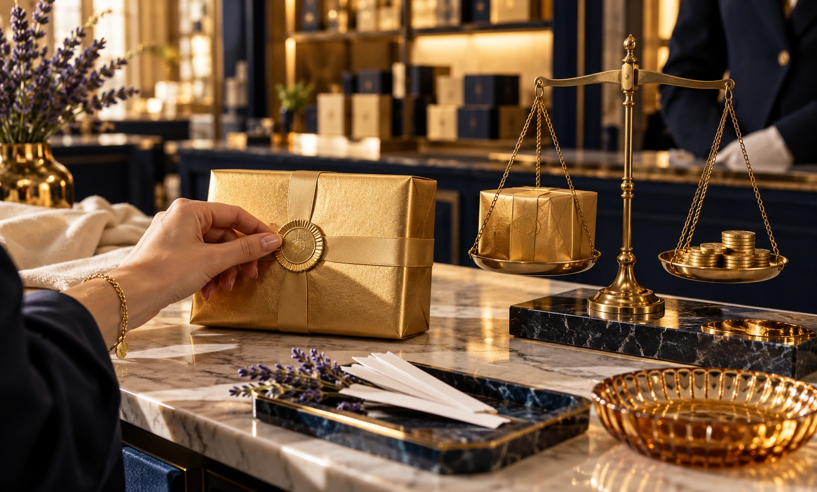 Gold gift packaging with a decorative seal beside a balance scale and coins, symbolizing authenticity and value when buying Le Male Elixir.