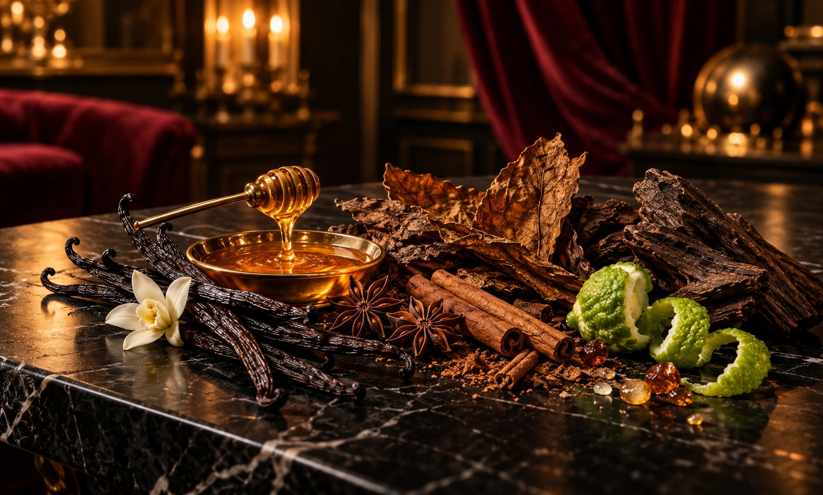 Luxury fragrance ingredients including honey, vanilla, tobacco leaves, cinnamon, spices, and dark woods representing the best designer alternatives to Jean Paul Gaultier Le Male Elixir.