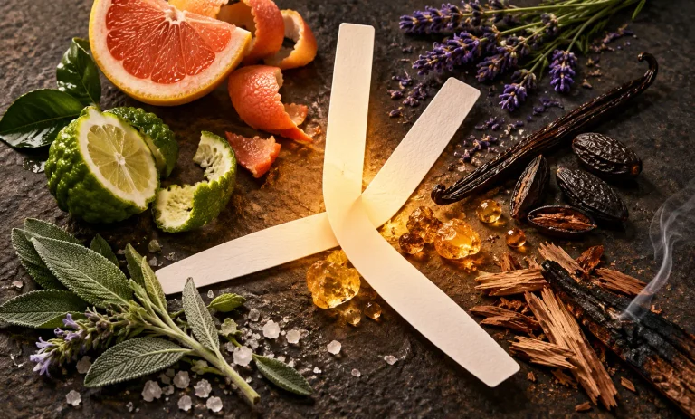 Overlapping fragrance blotters surrounded by citrus, lavender, vanilla, and smoky woods, illustrating scent layering with Le Male Elixir.