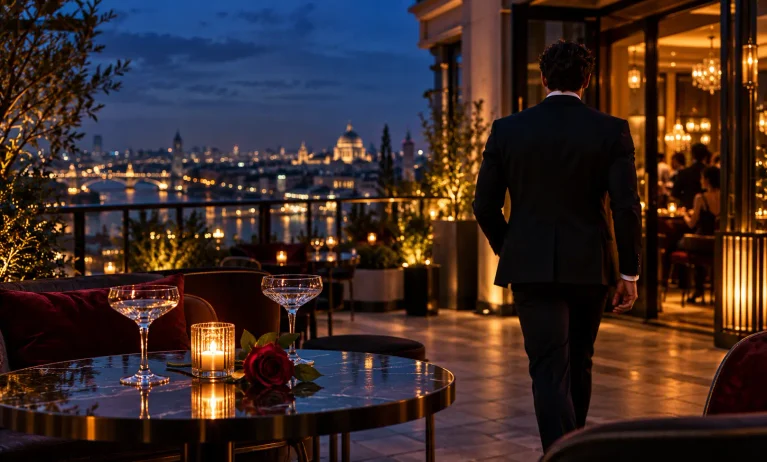Elegant rooftop date-night setting with city lights, cocktails, and a man in a tailored suit