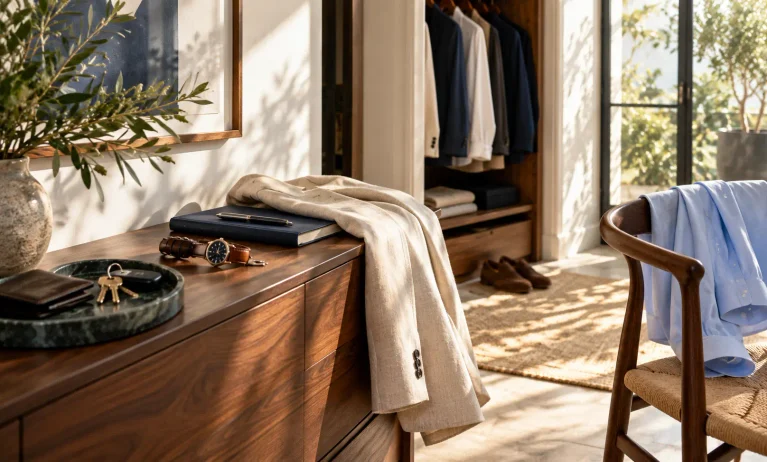 Elegant everyday men’s style scene with tailored clothing, watch, and warm morning light representing a versatile Jean Paul Gaultier fragrance choice