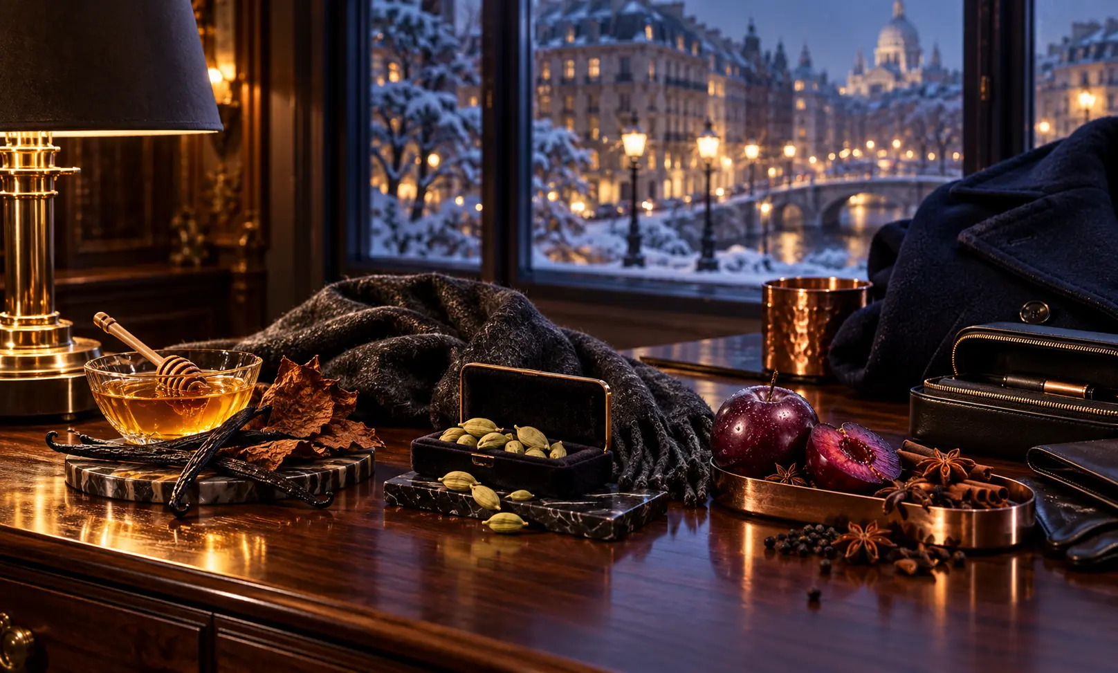 Luxury winter fragrance scene with honey, vanilla, cardamom, spices, and warm menswear beside a snowy city window