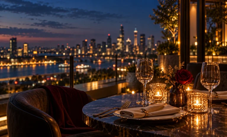 Elegant candlelit rooftop dinner setting at night representing romantic alternatives to Jean Paul Gaultier Le Male Elixir for dates