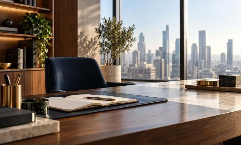 Elegant modern office with a polished desk, blue chair, greenery, and city skyline representing professional alternatives to Le Male Elixir.