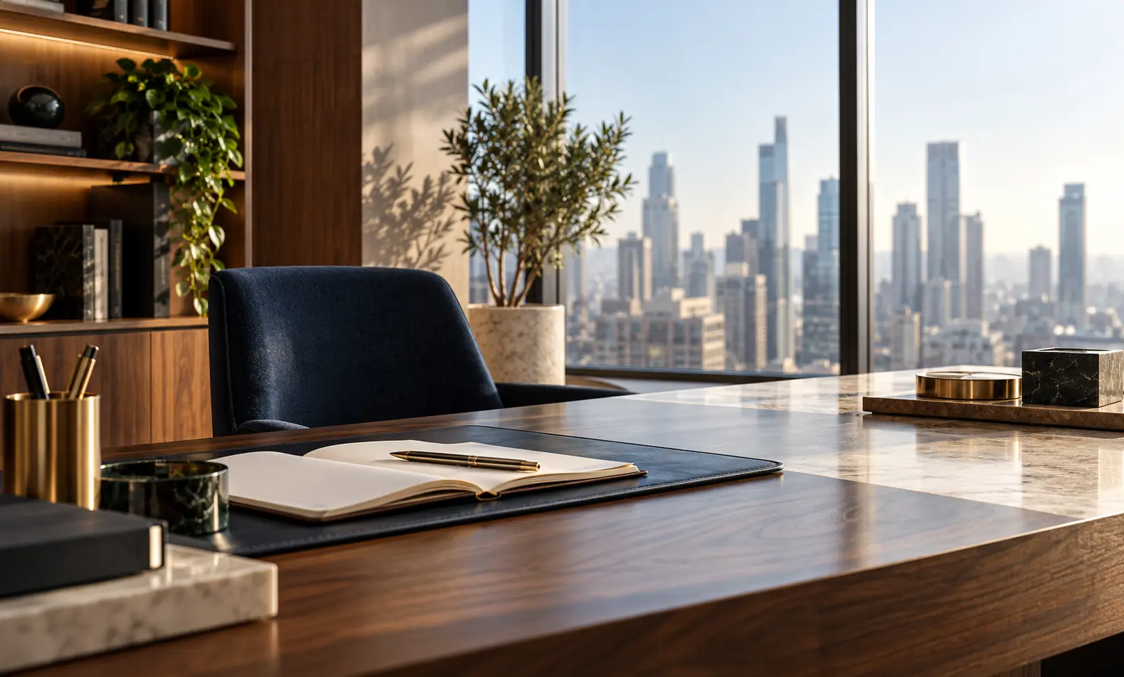 Elegant modern office with a polished desk, blue chair, greenery, and city skyline representing professional alternatives to Le Male Elixir.