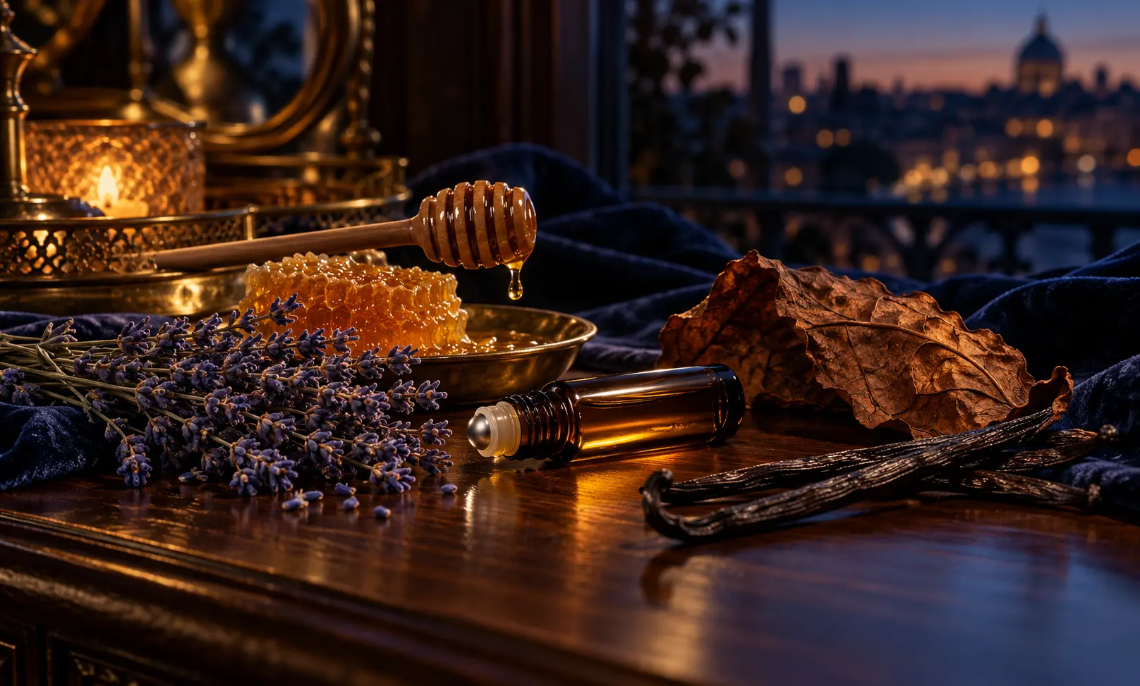 Amber perfume oil roll-on with honey, lavender, vanilla, and tobacco leaves inspired by Le Male Elixir dupes