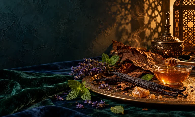 Luxury Middle Eastern fragrance ingredients with honey, tobacco leaves, vanilla, lavender, mint, and warm amber light representing Le Male Elixir dupes.