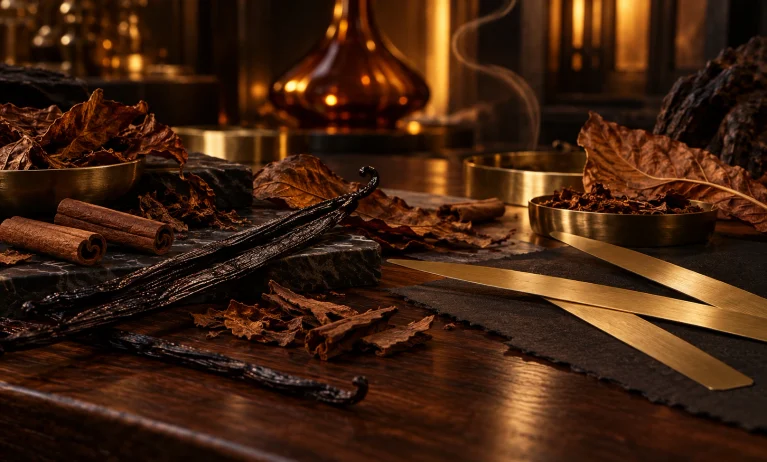 Luxury niche fragrance ingredients with vanilla, tobacco leaves, cinnamon, and warm amber notes representing sophisticated alternatives to Le Male Elixir.