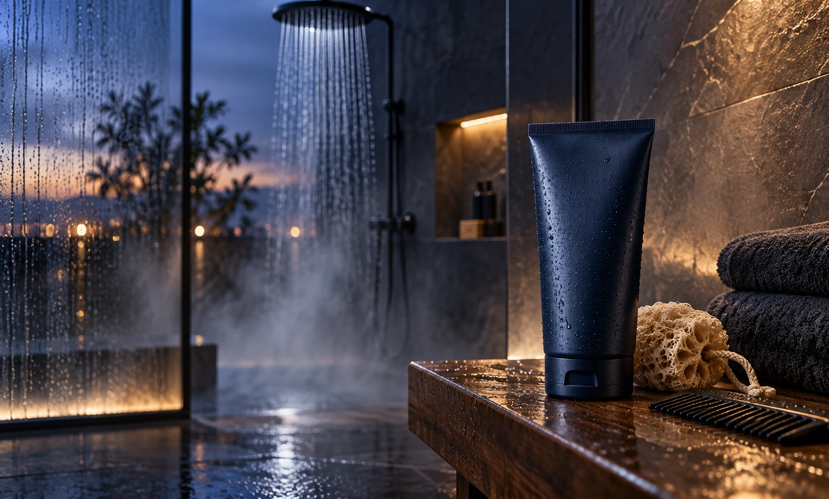Luxury Bleu de Chanel inspired 2-in-1 cleansing gel in a modern steamy shower for hair and body care