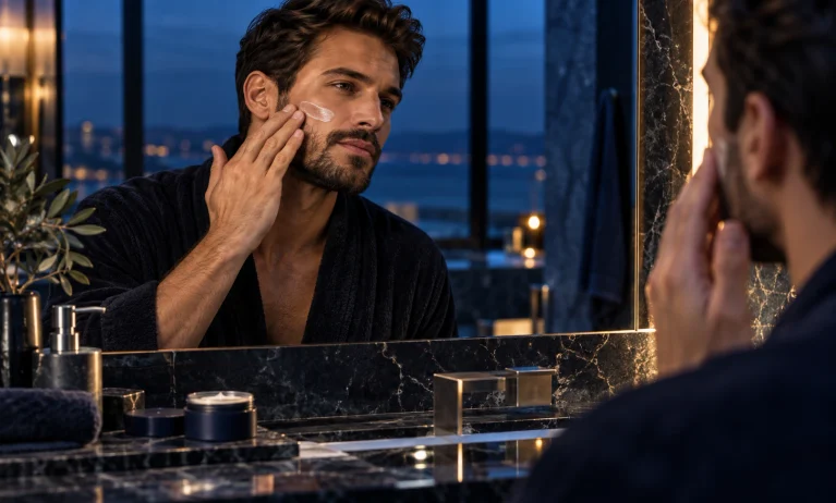Man applying lightweight moisturizer to his face and beard during a luxury grooming routine inspired by Bleu de Chanel