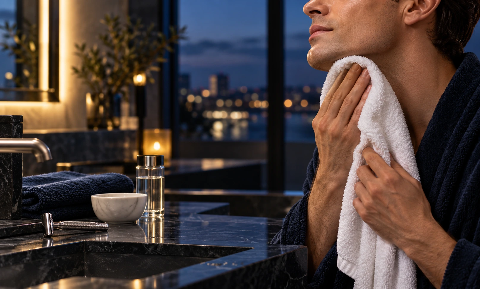 Man drying his freshly shaved face in a luxury blue-hour bathroom, representing Bleu de Chanel after shave lotion