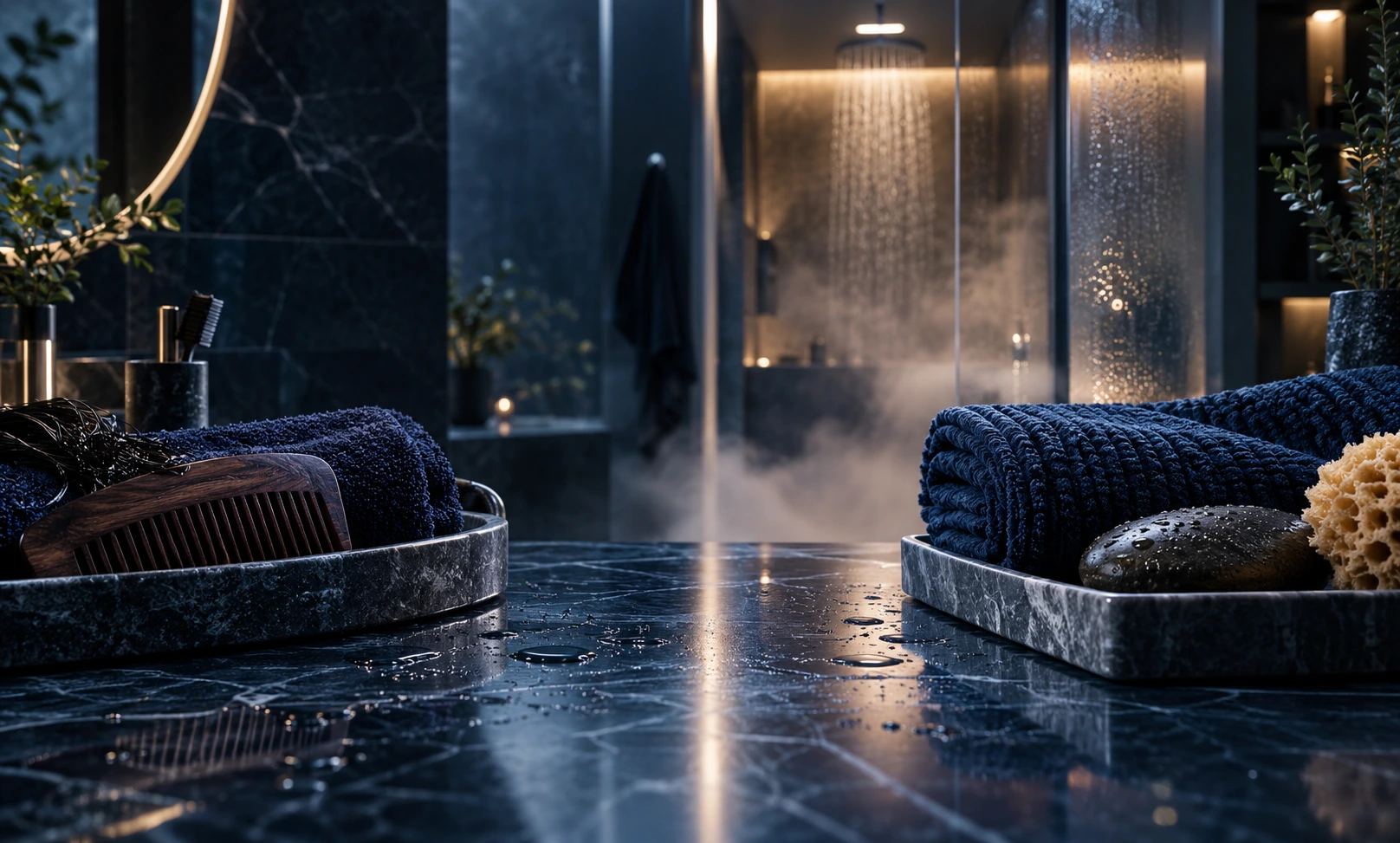 Luxury navy bathroom scene comparing hair and body cleansing with a body-focused shower ritual for Bleu de Chanel grooming.