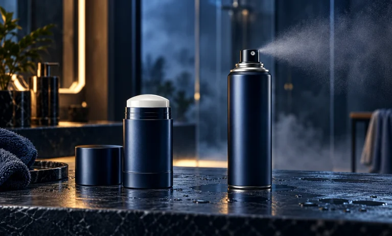 Bleu de Chanel deodorant stick and deodorant spray displayed side by side in a luxury blue grooming setting