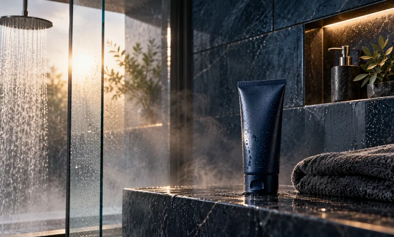 Luxury Bleu de Chanel inspired shower gel in a dark blue stone shower with steam and water droplets