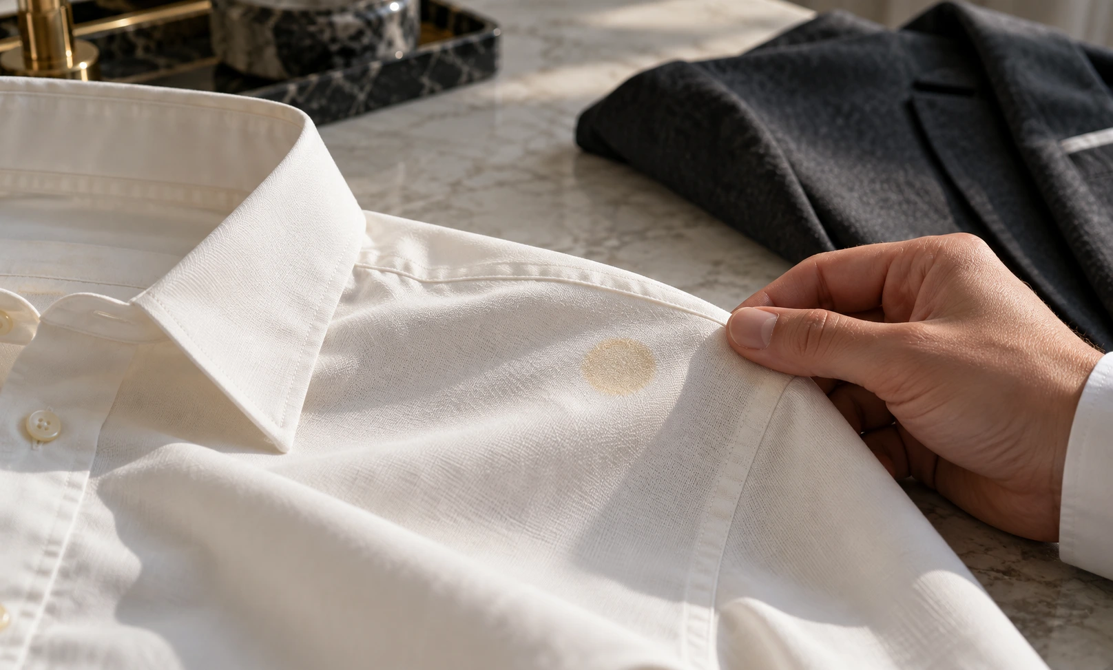 Hand inspecting a small amber-colored mark on a white cotton shirt, illustrating potential perfume stains on clothes.