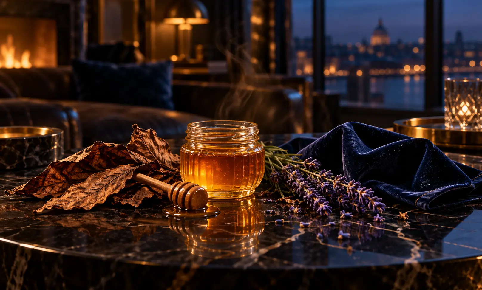 Golden honey, tobacco leaves, lavender, and navy velvet on black marble, representing the rich luxury appeal of Le Male Elixir.