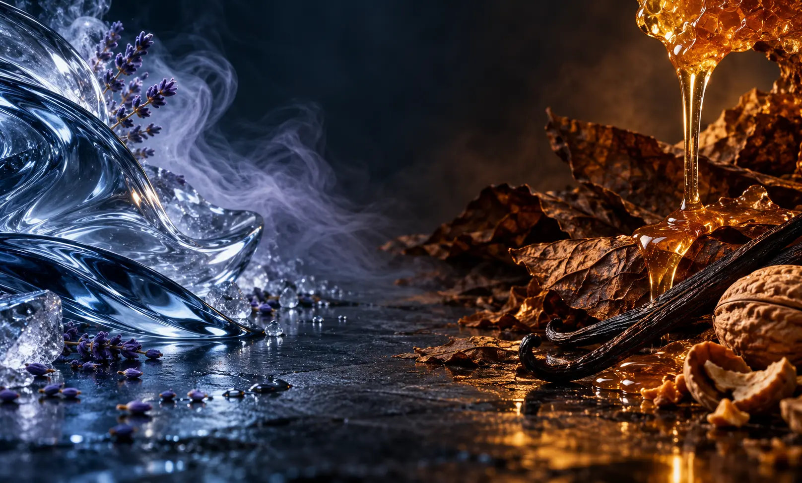 Cool lavender and glass-like textures meet warm honey, tobacco leaves, and vanilla, representing the synthetic and rich sides of Le Male Elixir.
