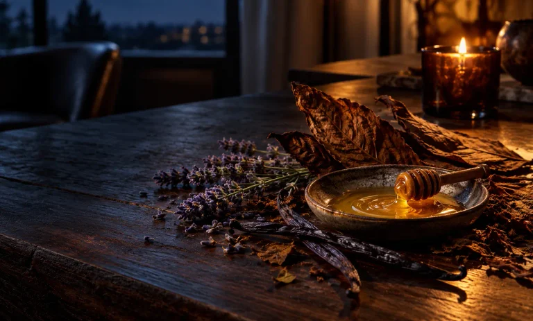 Honey, tobacco leaves, vanilla pods, and lavender representing the warm sweet scent of Jean Paul Gaultier Le Male Elixir.