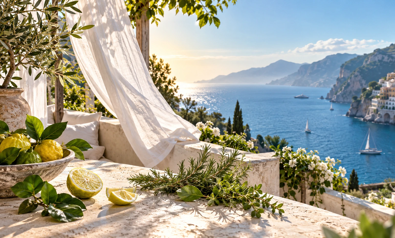 Fresh Mediterranean summer setting with citrus, aromatic herbs, and a breezy sea view representing lighter alternatives to Le Male Elixir