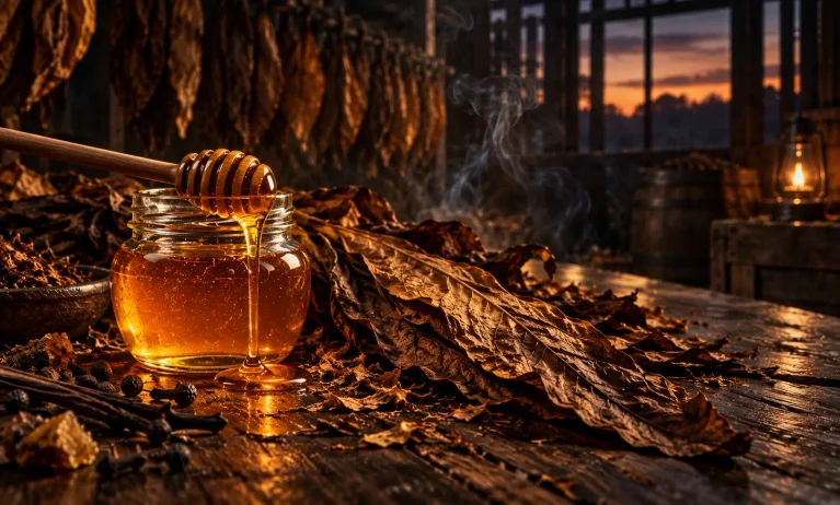 Golden honey dripping beside dried tobacco leaves in a warm, smoky setting representing honey and tobacco fragrances similar to Le Male Elixir.