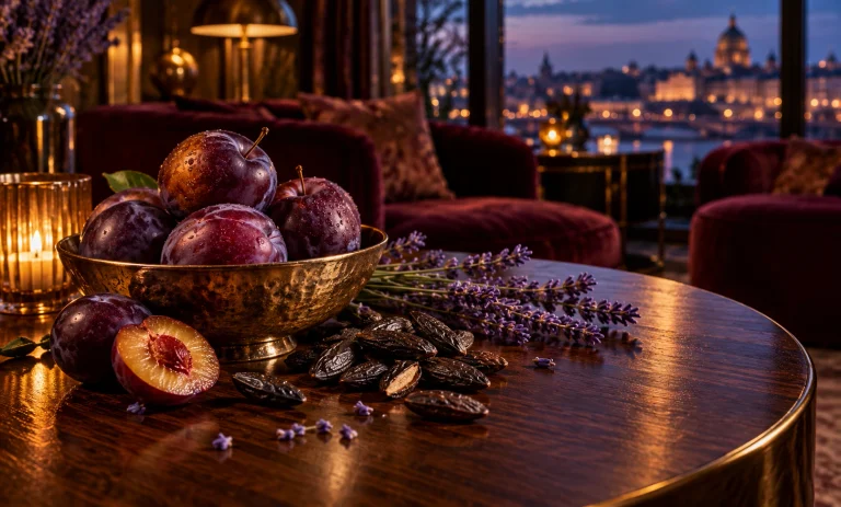 Luxury evening still life with ripe plums, tonka beans, and lavender representing Jean Paul Gaultier Le Male Elixir Absolu