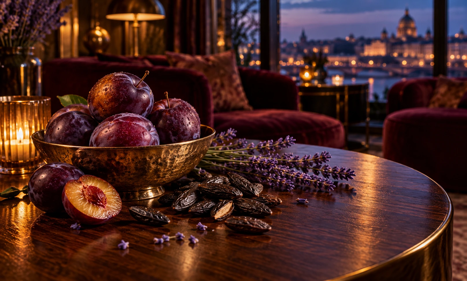 Luxury evening still life with ripe plums, tonka beans, and lavender representing Jean Paul Gaultier Le Male Elixir Absolu