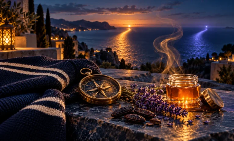 Luxury twilight scene with lavender, tonka beans, honey, and a brass compass representing Jean Paul Gaultier Le Male Elixir